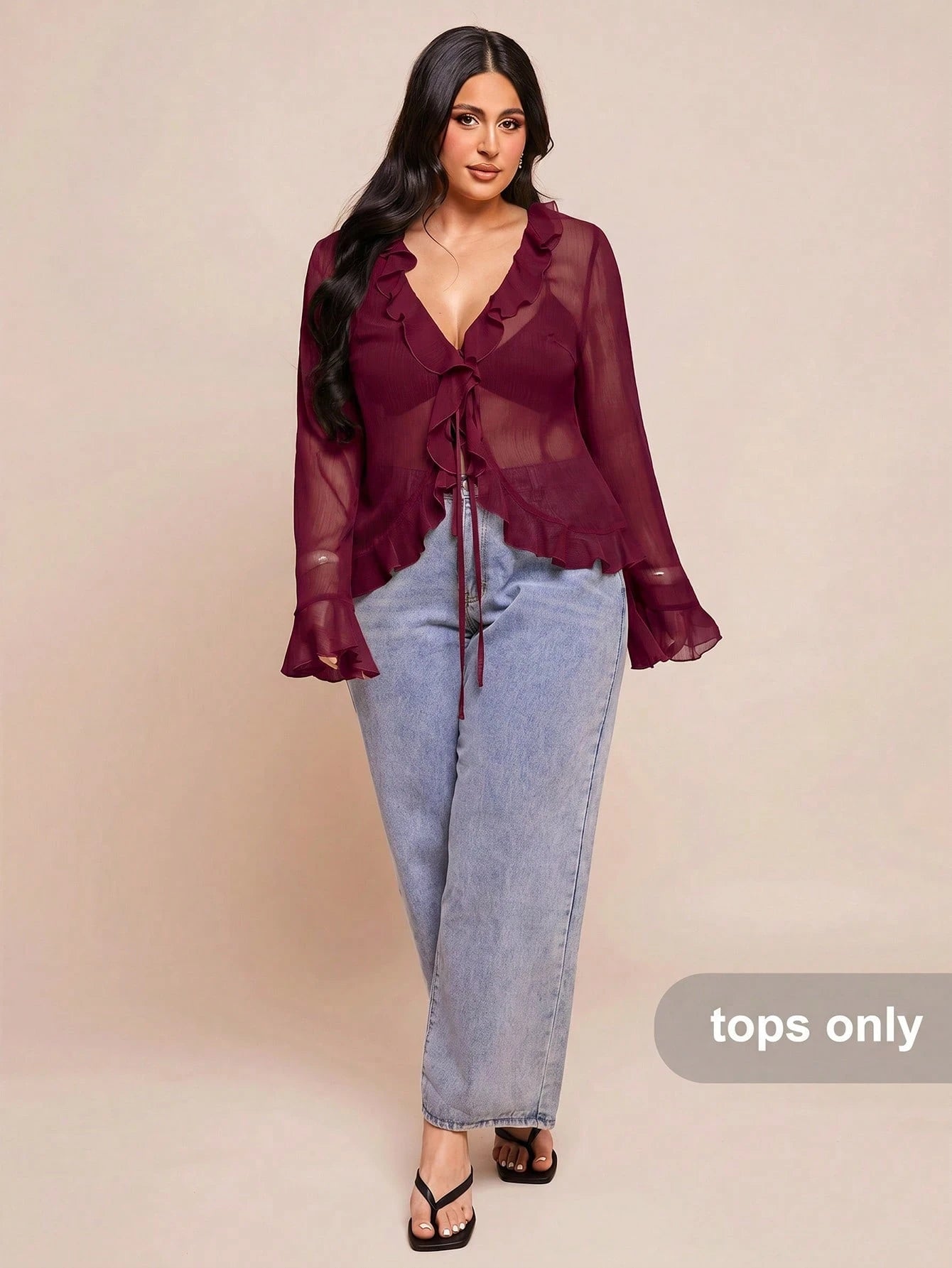 BAE Plus Size Women's Early Summer Vacation Party Evening Date Night Elegant Solid Color Sheer Ruffle Flare Long Sleeve Chiffon Blouse Burgundy