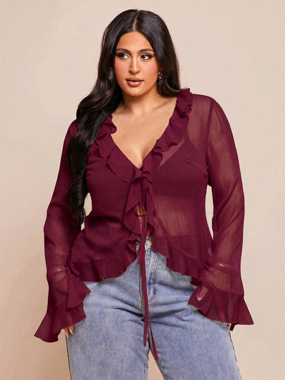 BAE Plus Size Women's Early Summer Vacation Party Evening Date Night Elegant Solid Color Sheer Ruffle Flare Long Sleeve Chiffon Blouse Burgundy