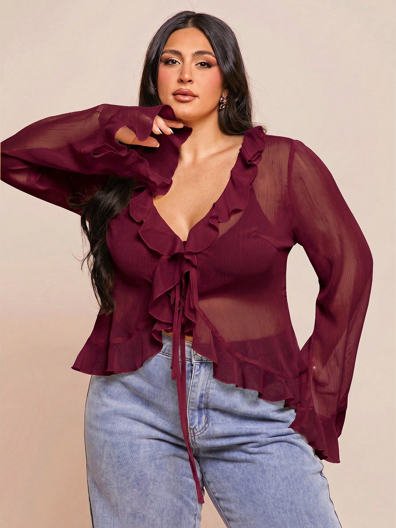BAE Plus Size Women's Early Summer Vacation Party Evening Date Night Elegant Solid Color Sheer Ruffle Flare Long Sleeve Chiffon Blouse Burgundy