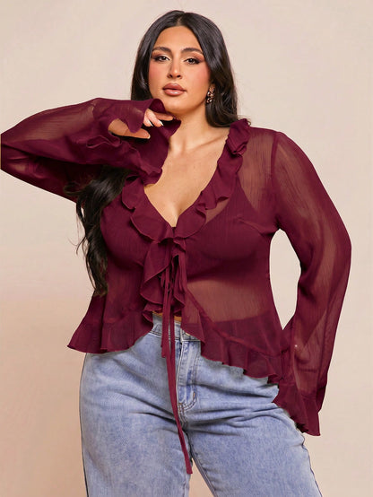 BAE Plus Size Women's Early Summer Vacation Party Evening Date Night Elegant Solid Color Sheer Ruffle Flare Long Sleeve Chiffon Blouse Burgundy