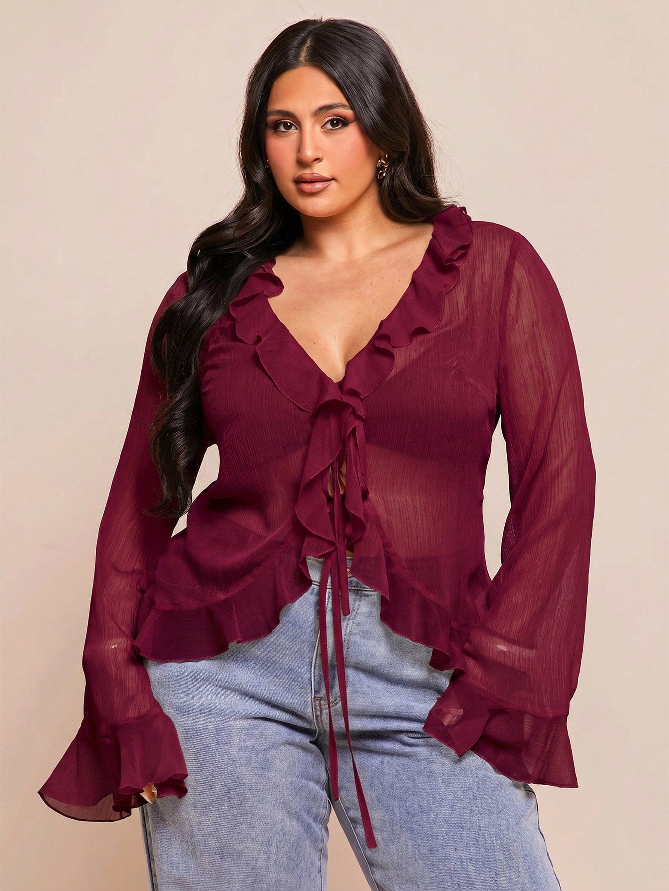 BAE Plus Size Women's Early Summer Vacation Party Evening Date Night Elegant Solid Color Sheer Ruffle Flare Long Sleeve Chiffon Blouse Burgundy