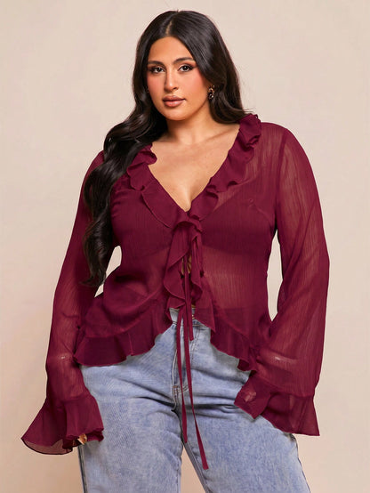 BAE Plus Size Women's Early Summer Vacation Party Evening Date Night Elegant Solid Color Sheer Ruffle Flare Long Sleeve Chiffon Blouse Burgundy