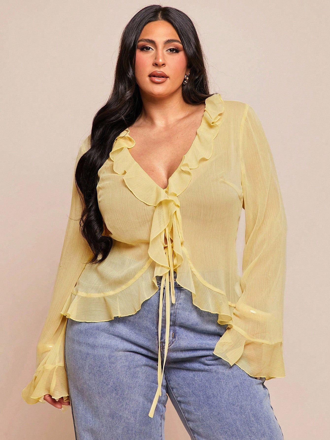 BAE Plus Size Women's Early Summer Vacation Party Evening Date Night Elegant Solid Color Sheer Ruffle Flare Long Sleeve Chiffon Blouse Burgundy