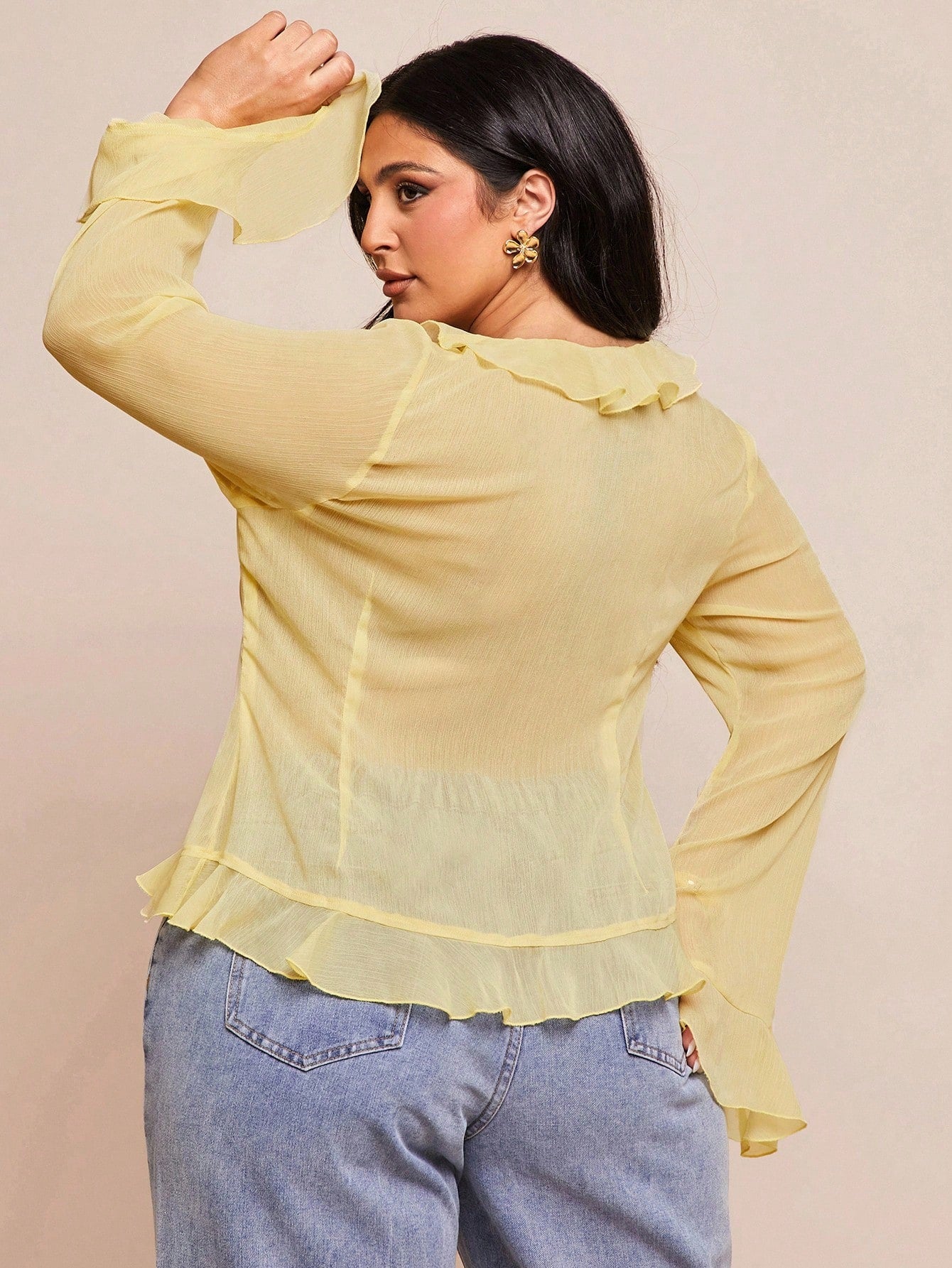 BAE Plus Size Women's Early Summer Vacation Party Evening Date Night Elegant Solid Color Sheer Ruffle Flare Long Sleeve Chiffon Blouse Burgundy