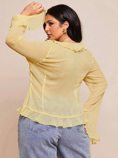 BAE Plus Size Women's Early Summer Vacation Party Evening Date Night Elegant Solid Color Sheer Ruffle Flare Long Sleeve Chiffon Blouse Burgundy
