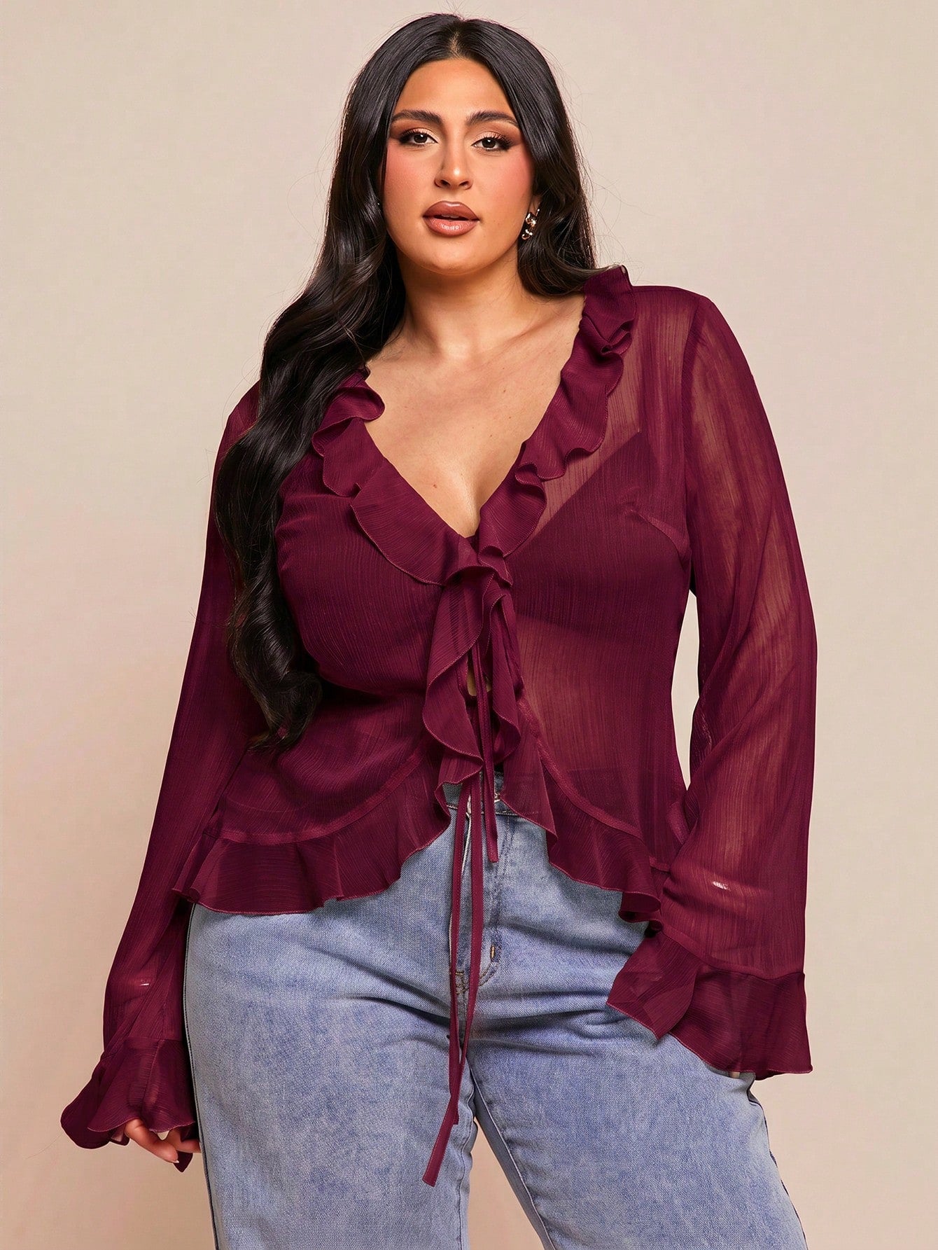BAE Plus Size Women's Early Summer Vacation Party Evening Date Night Elegant Solid Color Sheer Ruffle Flare Long Sleeve Chiffon Blouse Burgundy