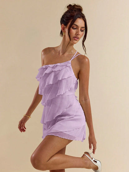 BAE Purple Summer Mama Mia Party Dress,Women's Layered Lotus Leaf Cake Mini Dress,Solid Beach Vacation Night Out Nightclub Cocktail Music Festival Outfit