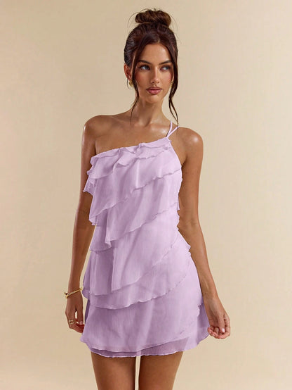 BAE Purple Summer Mama Mia Party Dress,Women's Layered Lotus Leaf Cake Mini Dress,Solid Beach Vacation Night Out Nightclub Cocktail Music Festival Outfit