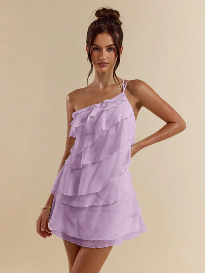 BAE Purple Summer Mama Mia Party Dress,Women's Layered Lotus Leaf Cake Mini Dress,Solid Beach Vacation Night Out Nightclub Cocktail Music Festival Outfit
