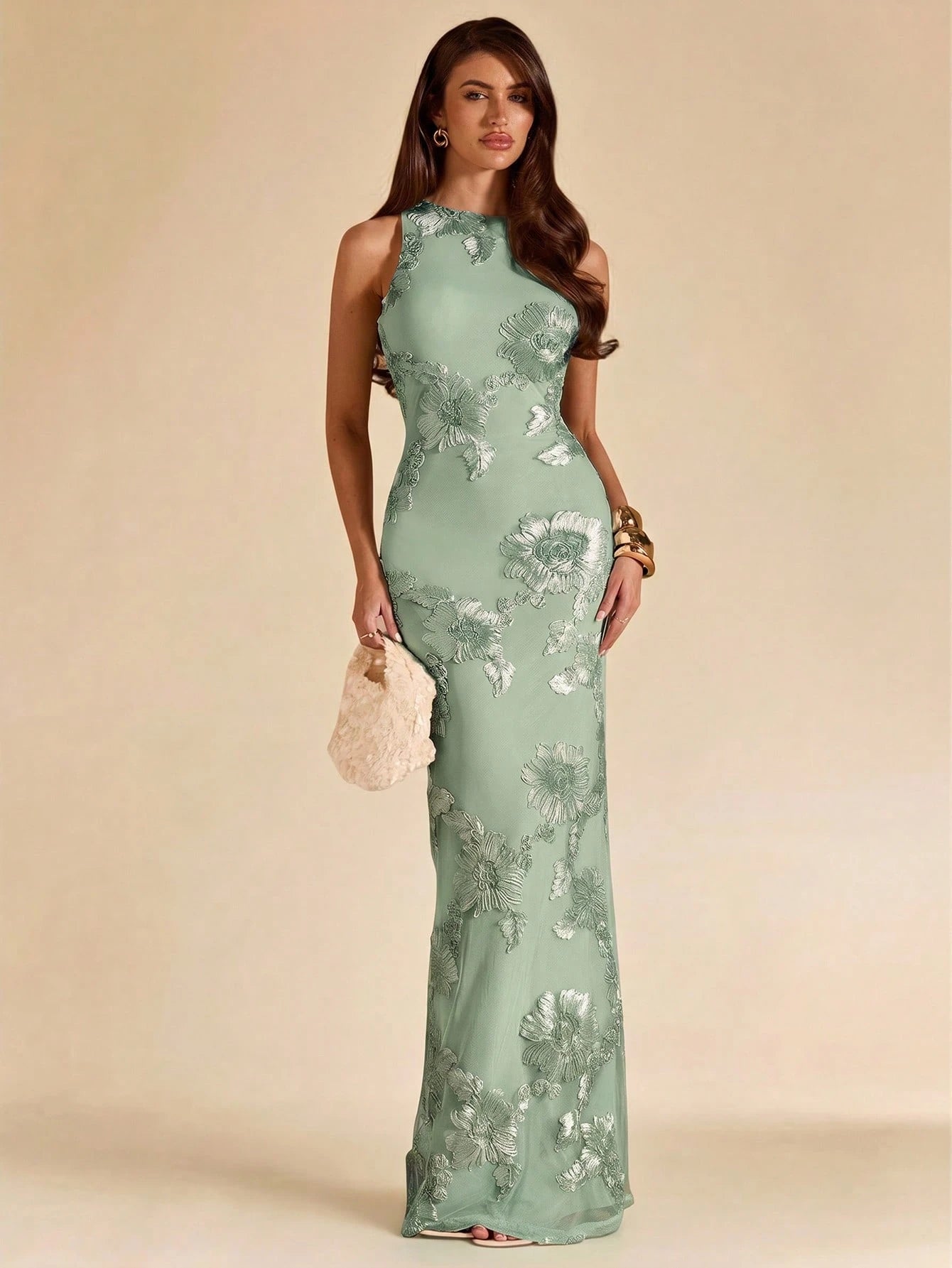 BAE Solid Sage Green Floral Textured Jacquard Sleeveless Slim Fit Dress, Elegant Modest For Brunch Party, Wedding Guest Attire, Cocktail Party, Summer
