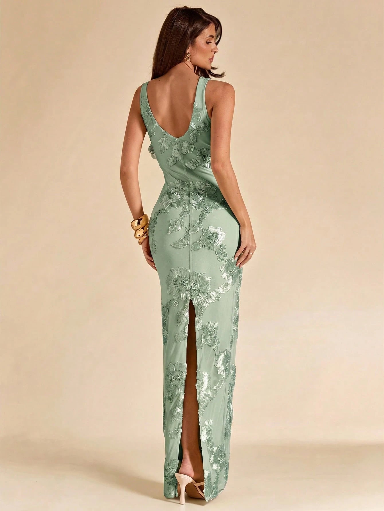 BAE Solid Sage Green Floral Textured Jacquard Sleeveless Slim Fit Dress, Elegant Modest For Brunch Party, Wedding Guest Attire, Cocktail Party, Summer