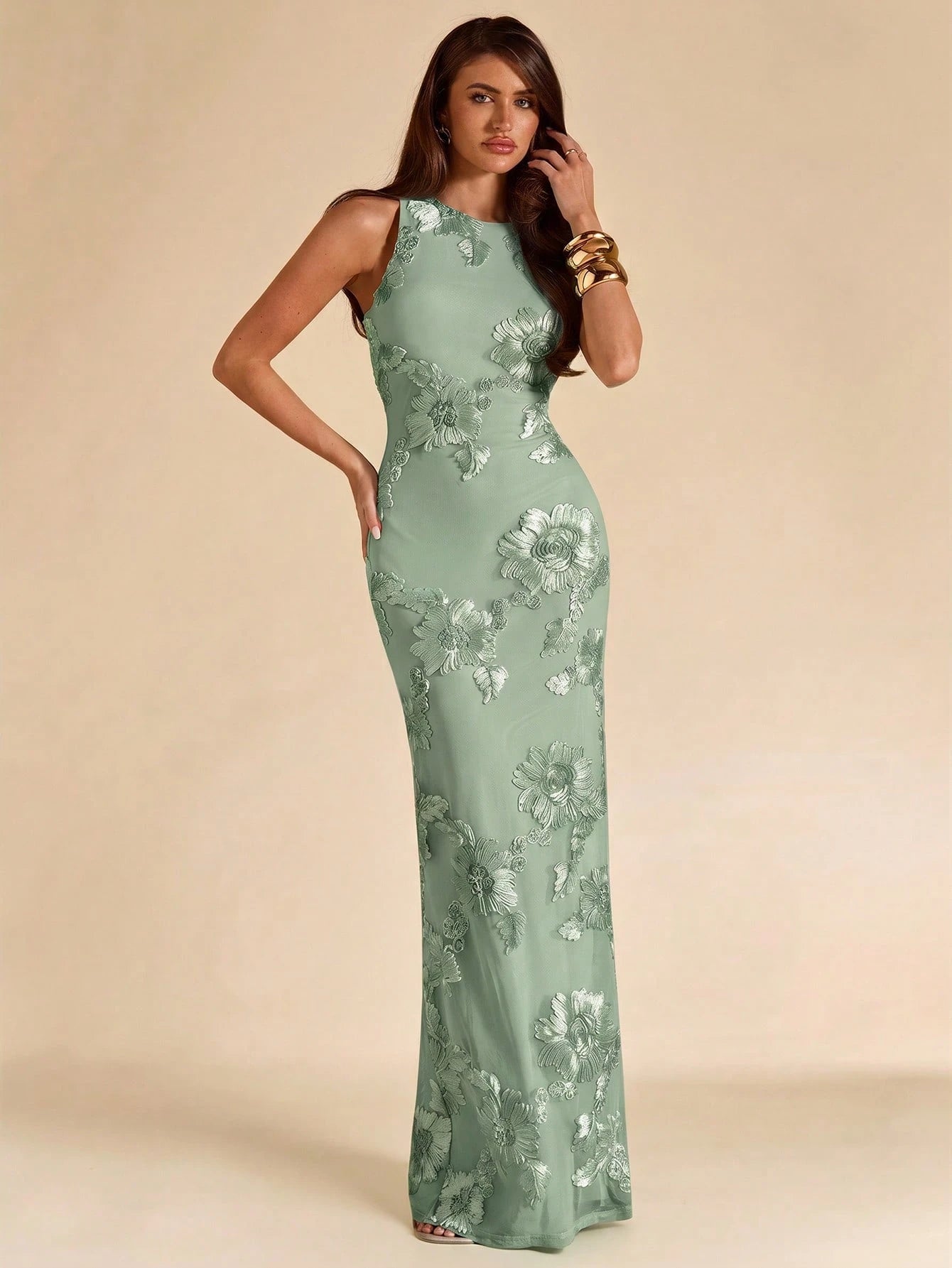 BAE Solid Sage Green Floral Textured Jacquard Sleeveless Slim Fit Dress, Elegant Modest For Brunch Party, Wedding Guest Attire, Cocktail Party, Summer