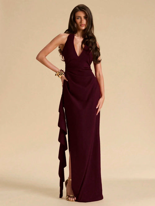 BAE Spring & Summer Bridesmaid Dress, Deep V-Neck Halter Ruffle High Slit Ruffled Wrap Long Red For Women, Elegant Maxi