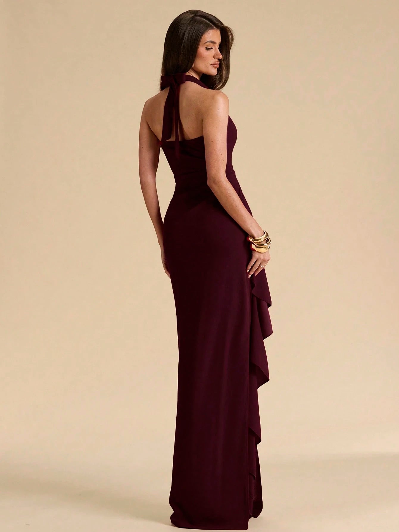 BAE Spring & Summer Bridesmaid Dress, Deep V-Neck Halter Ruffle High Slit Ruffled Wrap Long Red For Women, Elegant Maxi