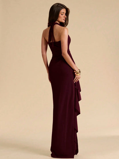 BAE Spring & Summer Bridesmaid Dress, Deep V-Neck Halter Ruffle High Slit Ruffled Wrap Long Red For Women, Elegant Maxi