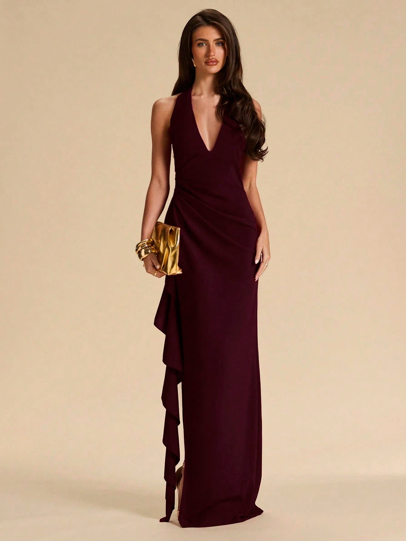 BAE Spring & Summer Bridesmaid Dress, Deep V-Neck Halter Ruffle High Slit Ruffled Wrap Long Red For Women, Elegant Maxi