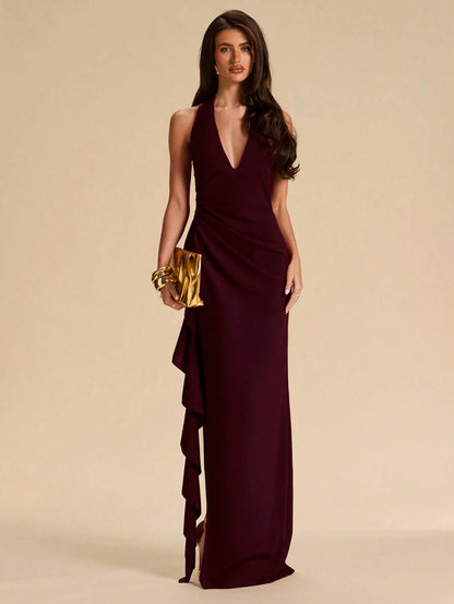 BAE Spring & Summer Bridesmaid Dress, Deep V-Neck Halter Ruffle High Slit Ruffled Wrap Long Red For Women, Elegant Maxi