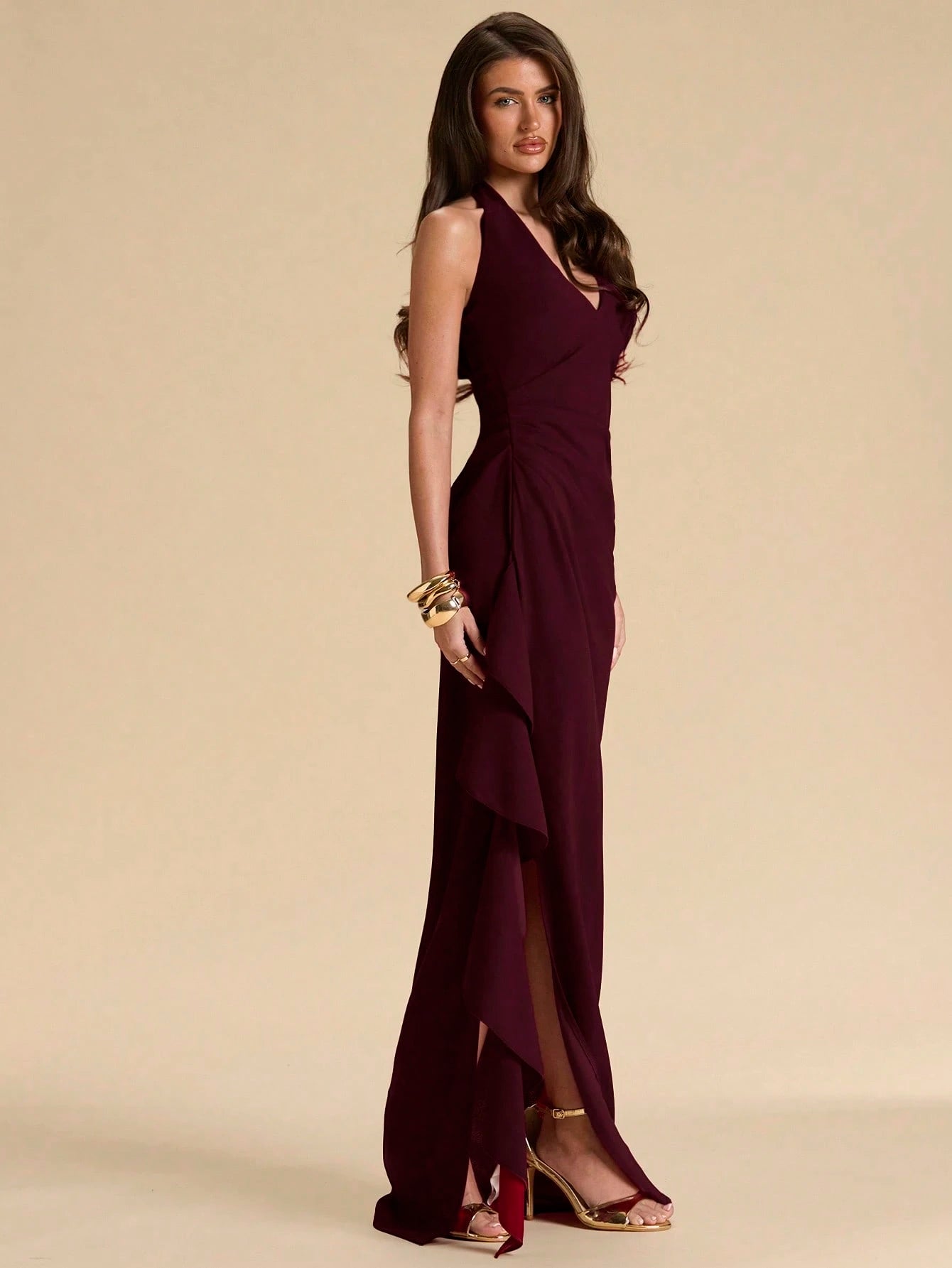 BAE Spring & Summer Bridesmaid Dress, Deep V-Neck Halter Ruffle High Slit Ruffled Wrap Long Red For Women, Elegant Maxi