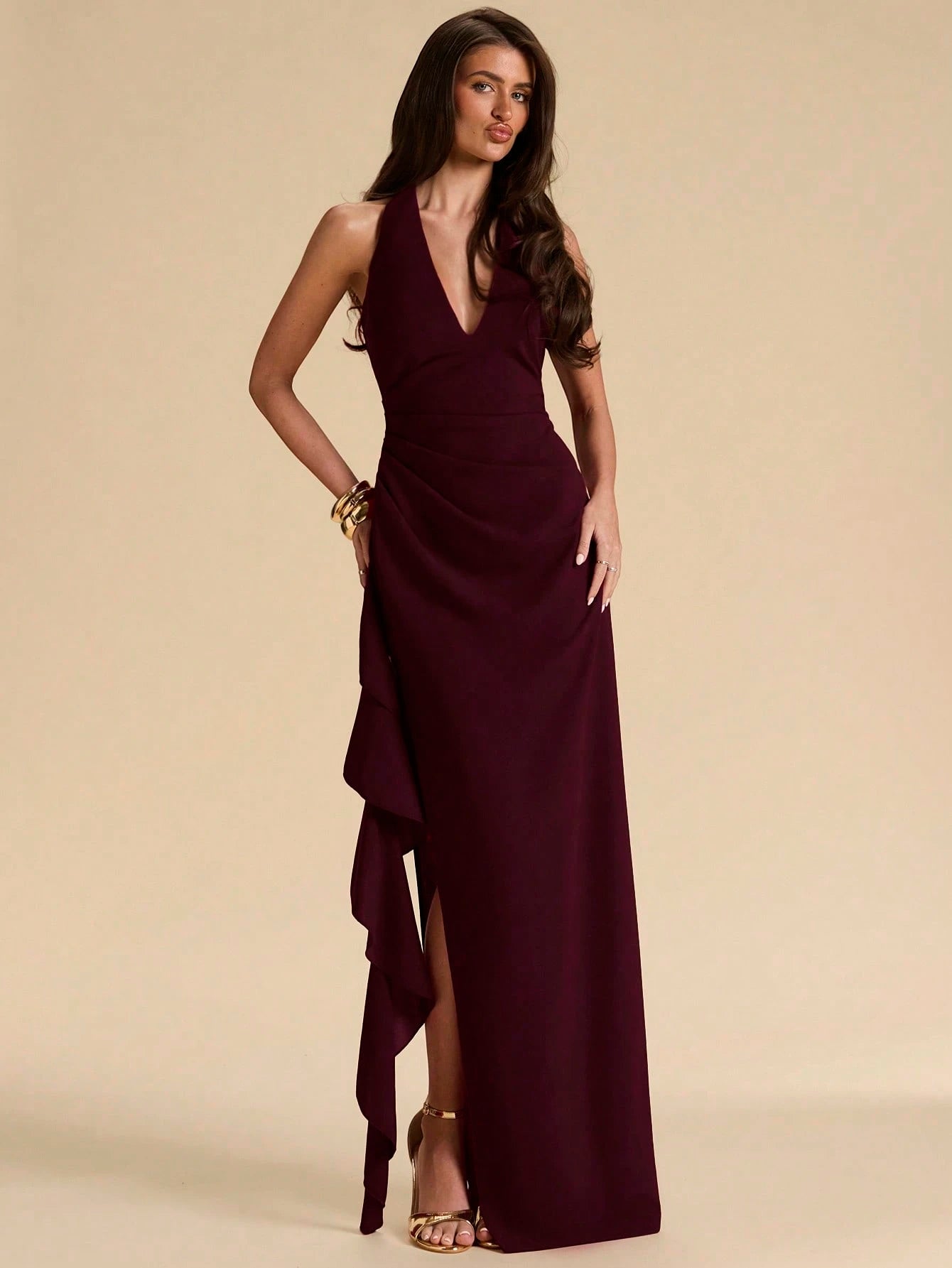 BAE Spring & Summer Bridesmaid Dress, Deep V-Neck Halter Ruffle High Slit Ruffled Wrap Long Red For Women, Elegant Maxi