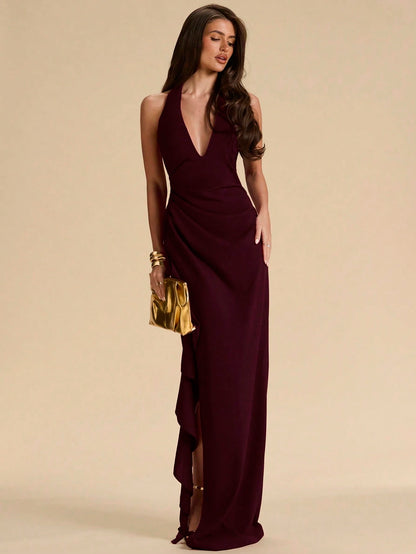 BAE Spring & Summer Bridesmaid Dress, Deep V-Neck Halter Ruffle High Slit Ruffled Wrap Long Red For Women, Elegant Maxi