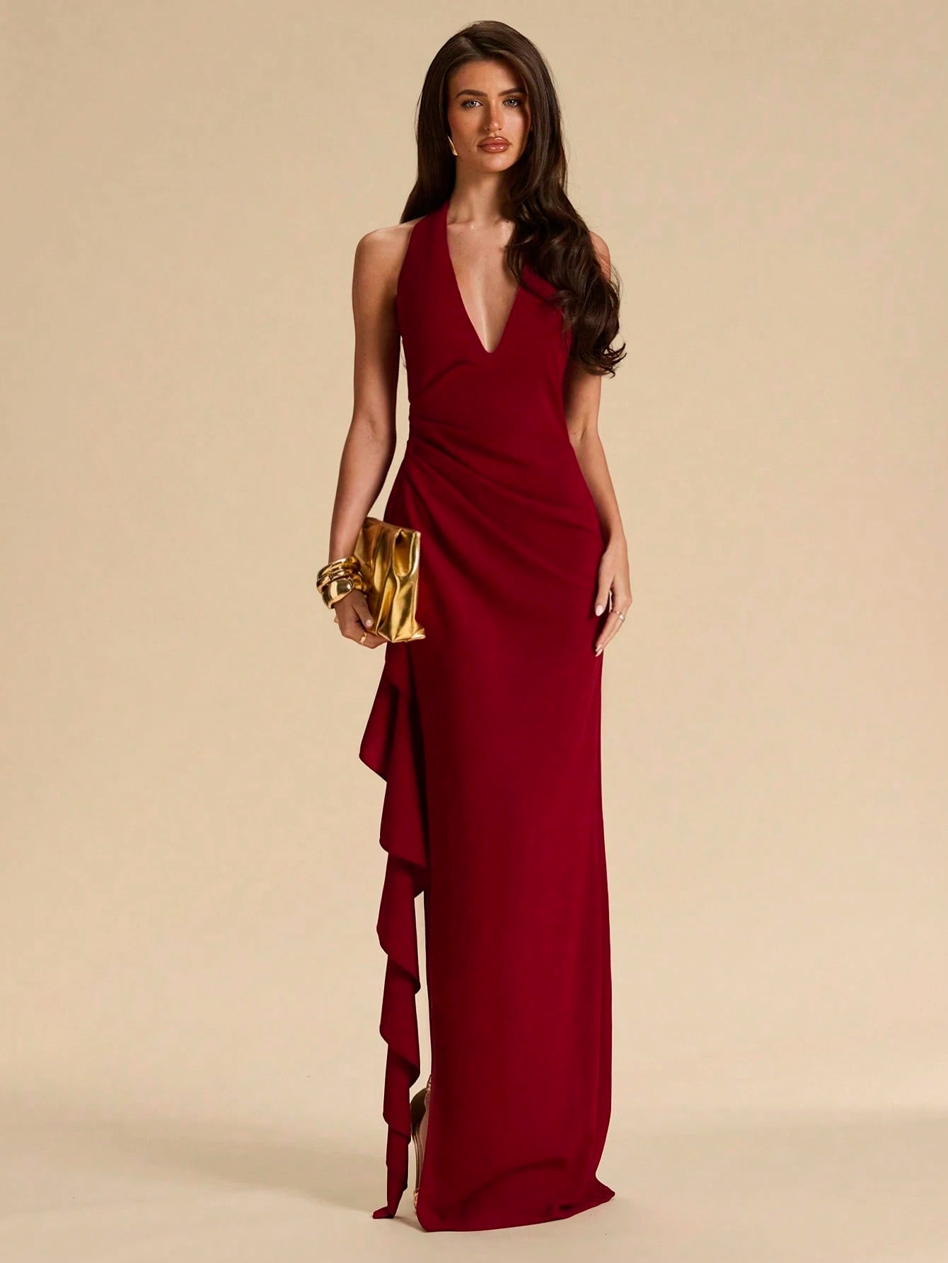 BAE Spring & Summer Bridesmaid Dress, Deep V-Neck Halter Ruffle High Slit Ruffled Wrap Long Red For Women, Elegant Maxi