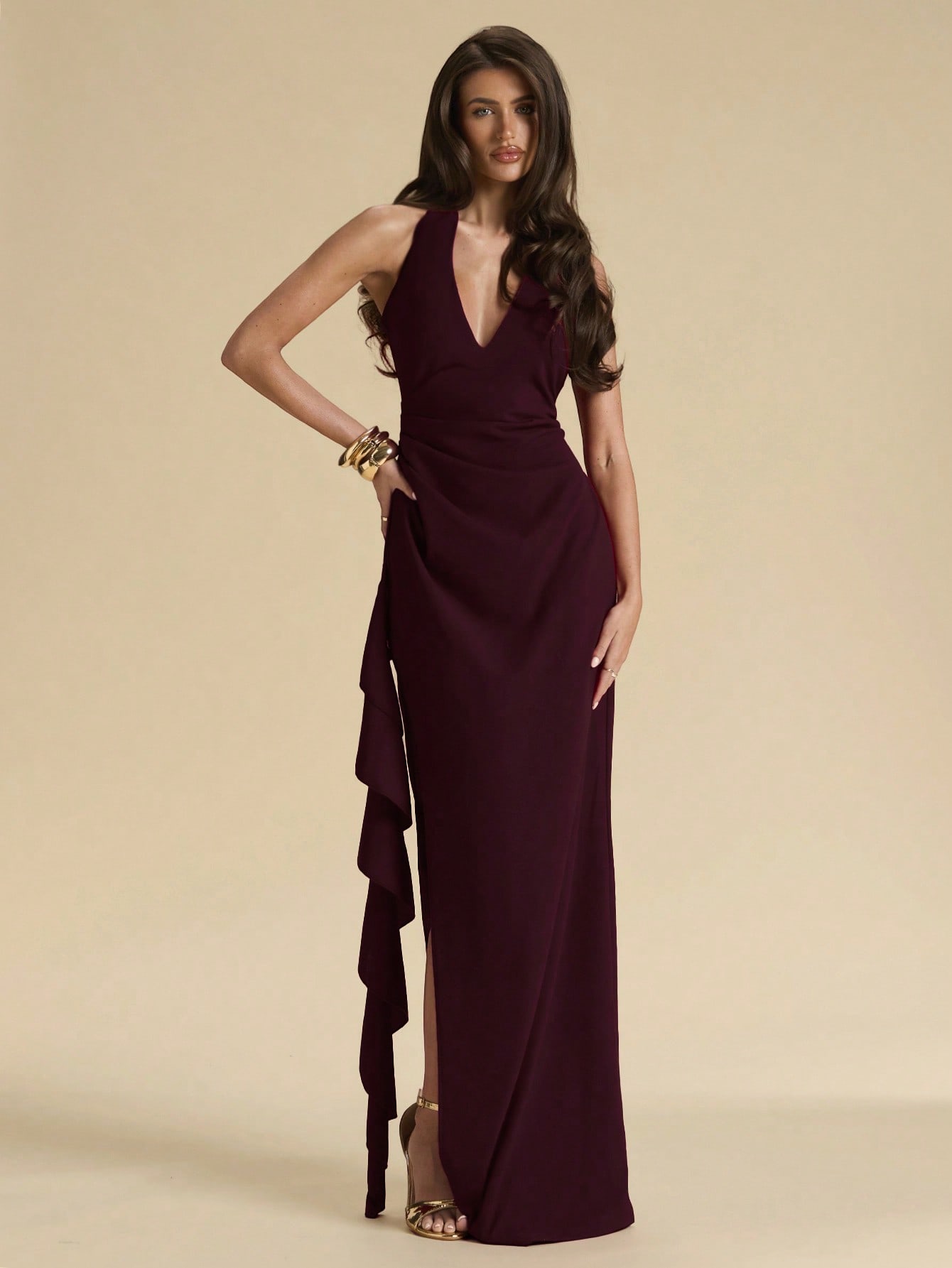 BAE Spring & Summer Bridesmaid Dress, Deep V-Neck Halter Ruffle High Slit Ruffled Wrap Long Red For Women, Elegant Maxi