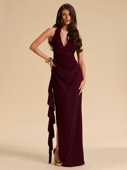BAE Spring & Summer Bridesmaid Dress, Deep V-Neck Halter Ruffle High Slit Ruffled Wrap Long Red For Women, Elegant Maxi