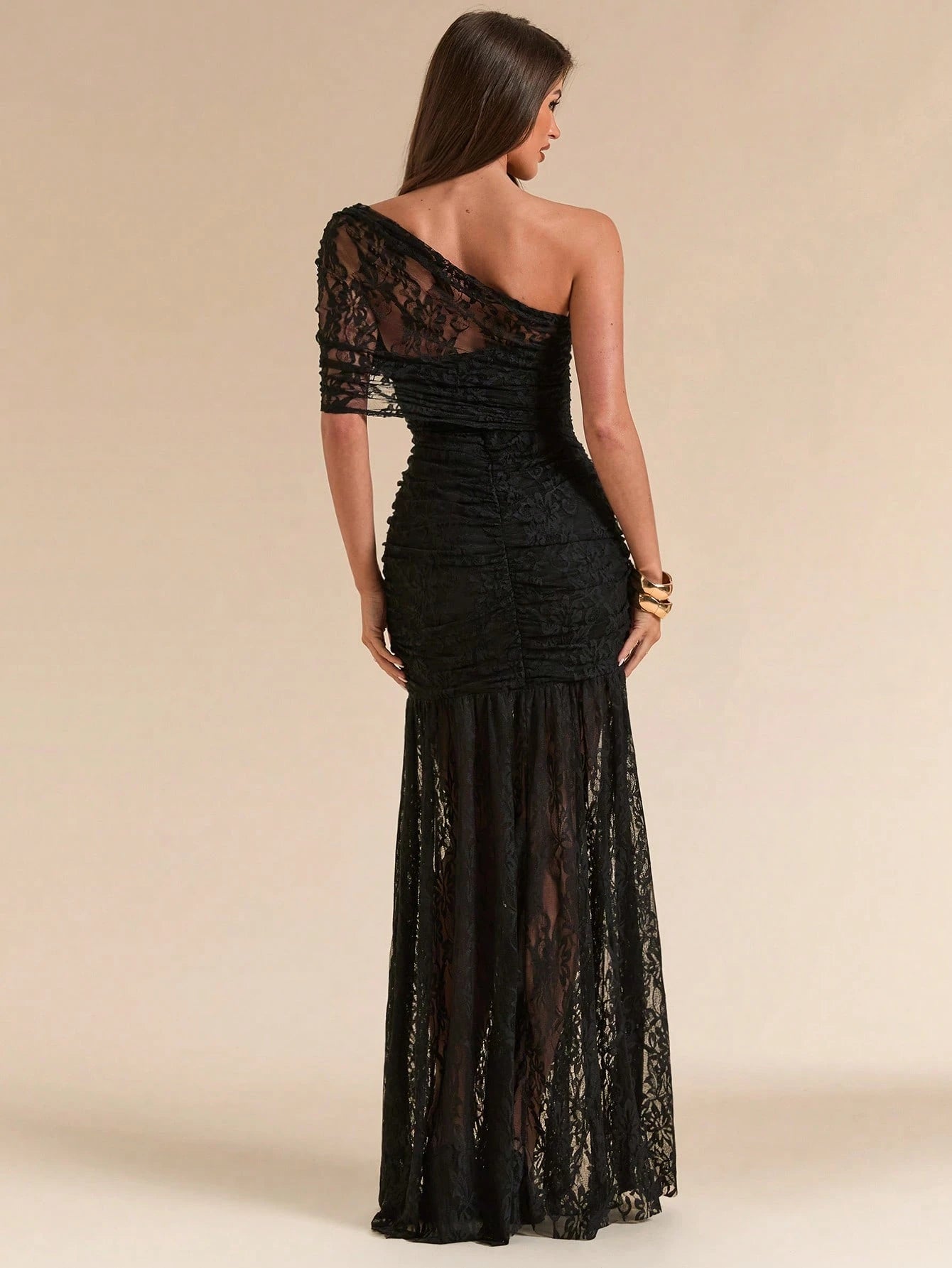 BAE Spring/Summer Solid Black Lace Asymmetric One-Shoulder Elegant Fitted Bodycon Maxi Mermaid Dress, Fitted Elegant Dress, Flowy Dress, Suitable For Vacation, Beach, Bridesmaid, Wedding, Spring