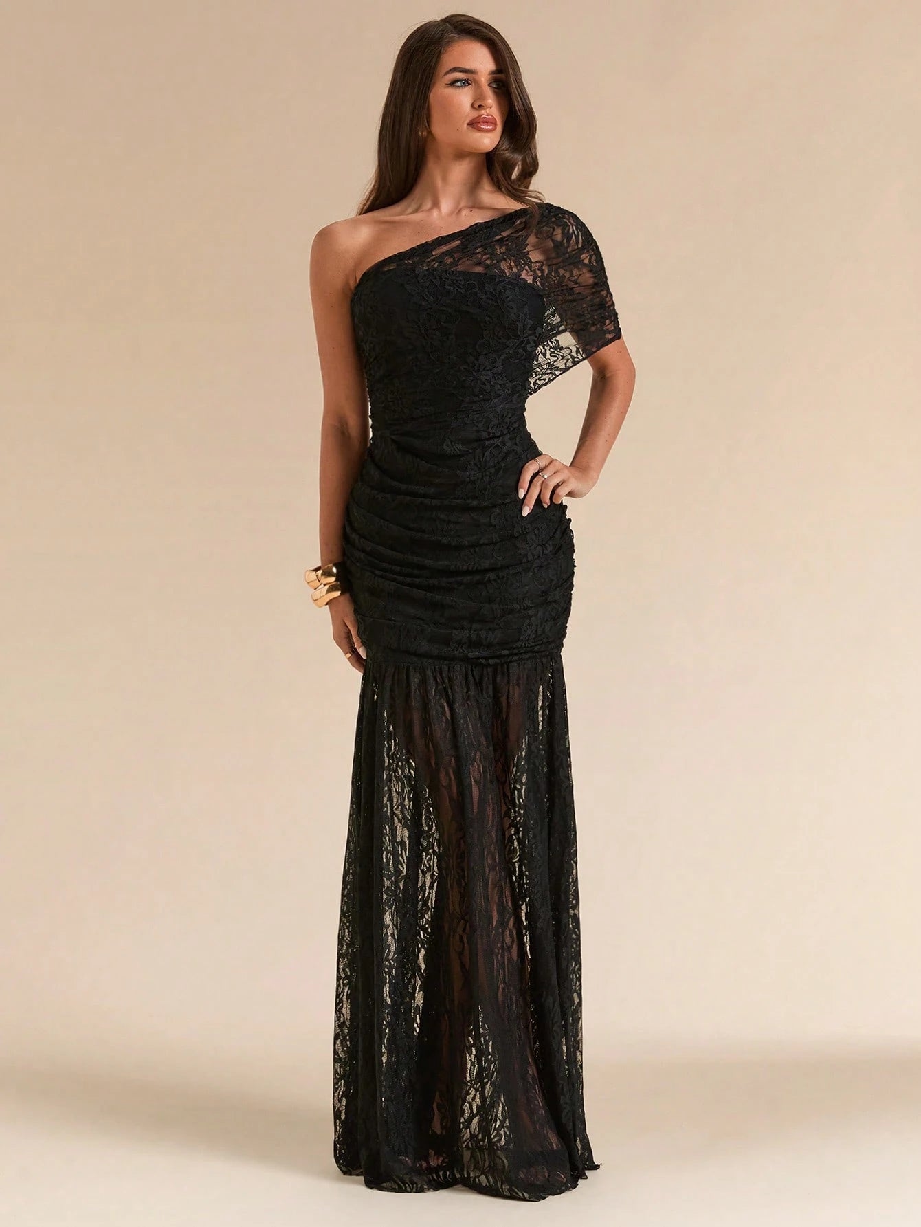 BAE Spring/Summer Solid Black Lace Asymmetric One-Shoulder Elegant Fitted Bodycon Maxi Mermaid Dress, Fitted Elegant Dress, Flowy Dress, Suitable For Vacation, Beach, Bridesmaid, Wedding, Spring