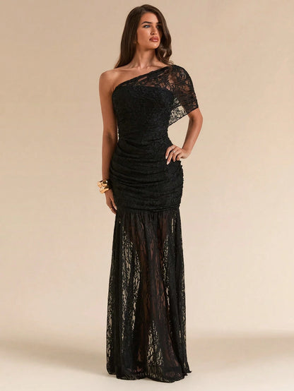 BAE Spring/Summer Solid Black Lace Asymmetric One-Shoulder Elegant Fitted Bodycon Maxi Mermaid Dress, Fitted Elegant Dress, Flowy Dress, Suitable For Vacation, Beach, Bridesmaid, Wedding, Spring