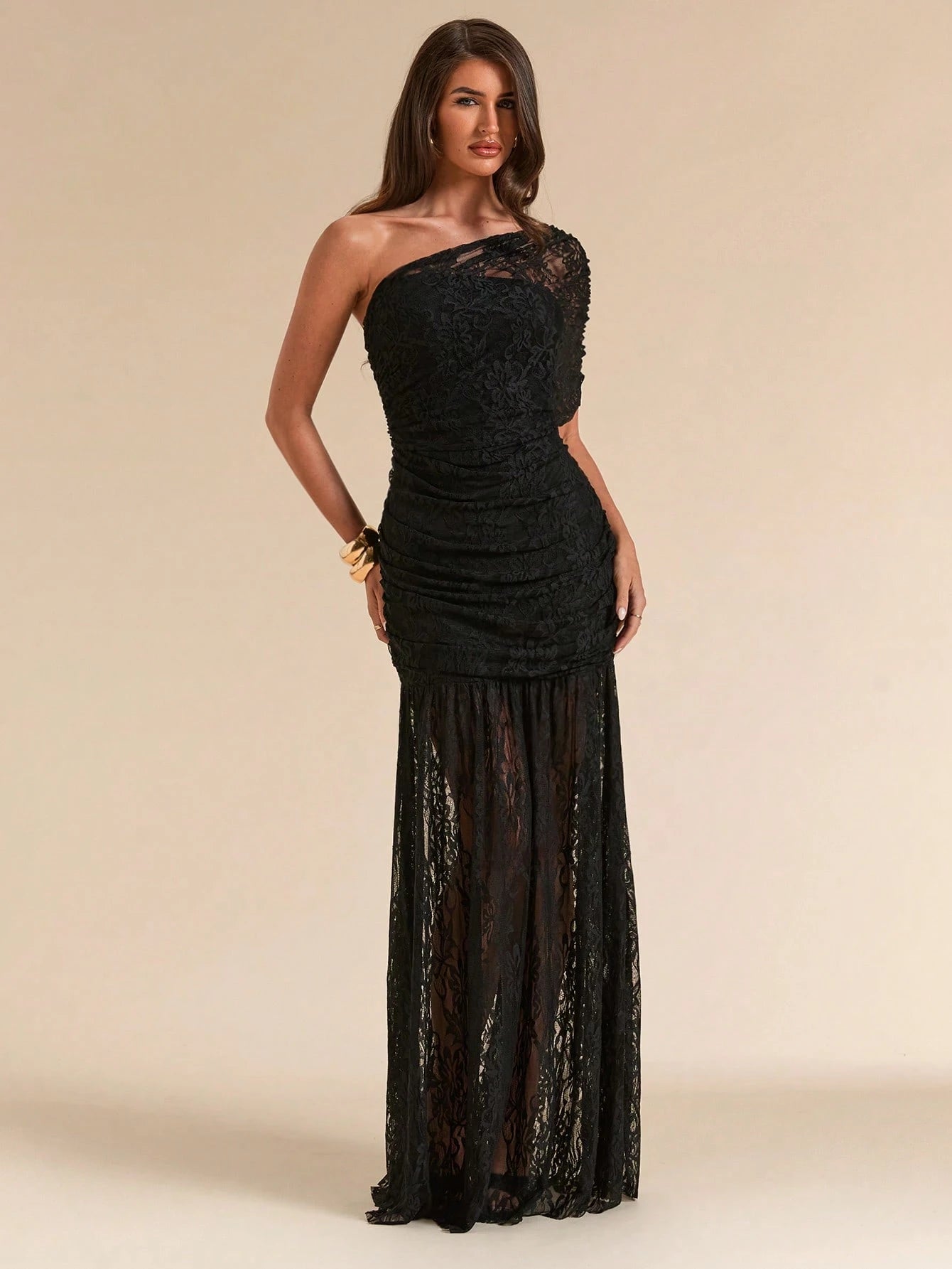 BAE Spring/Summer Solid Black Lace Asymmetric One-Shoulder Elegant Fitted Bodycon Maxi Mermaid Dress, Fitted Elegant Dress, Flowy Dress, Suitable For Vacation, Beach, Bridesmaid, Wedding, Spring