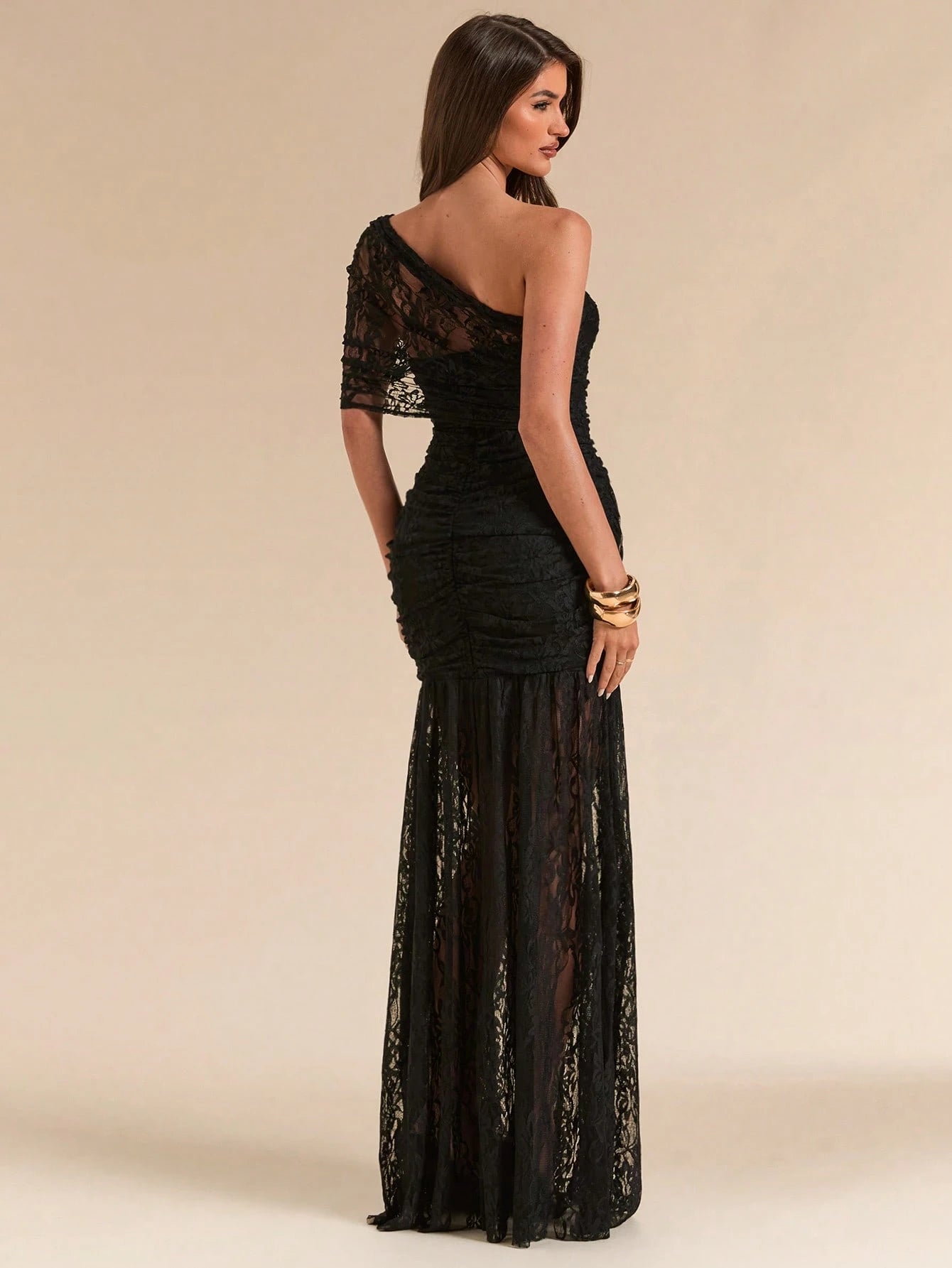 BAE Spring/Summer Solid Black Lace Asymmetric One-Shoulder Elegant Fitted Bodycon Maxi Mermaid Dress, Fitted Elegant Dress, Flowy Dress, Suitable For Vacation, Beach, Bridesmaid, Wedding, Spring
