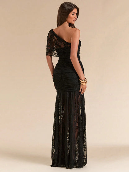 BAE Spring/Summer Solid Black Lace Asymmetric One-Shoulder Elegant Fitted Bodycon Maxi Mermaid Dress, Fitted Elegant Dress, Flowy Dress, Suitable For Vacation, Beach, Bridesmaid, Wedding, Spring