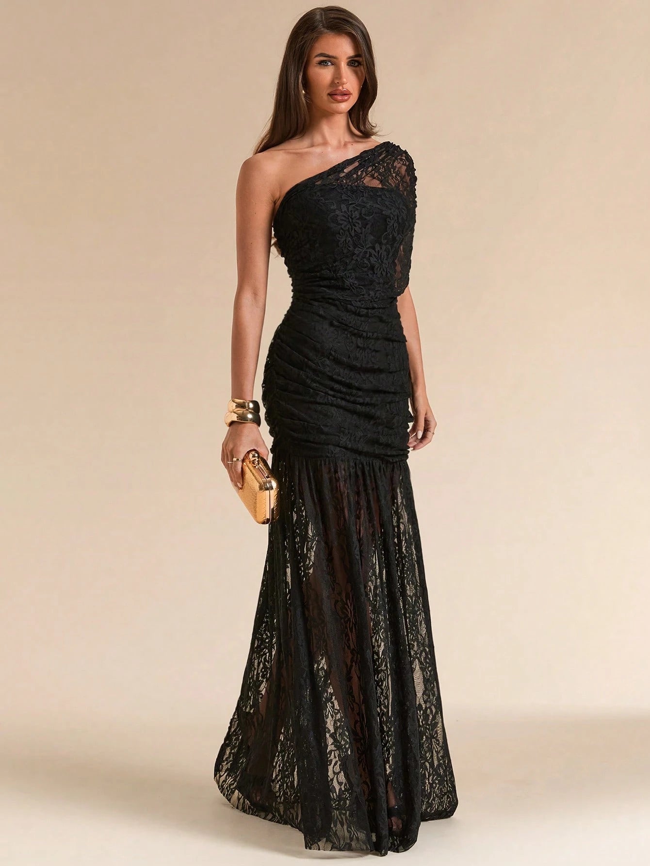 BAE Spring/Summer Solid Black Lace Asymmetric One-Shoulder Elegant Fitted Bodycon Maxi Mermaid Dress, Fitted Elegant Dress, Flowy Dress, Suitable For Vacation, Beach, Bridesmaid, Wedding, Spring