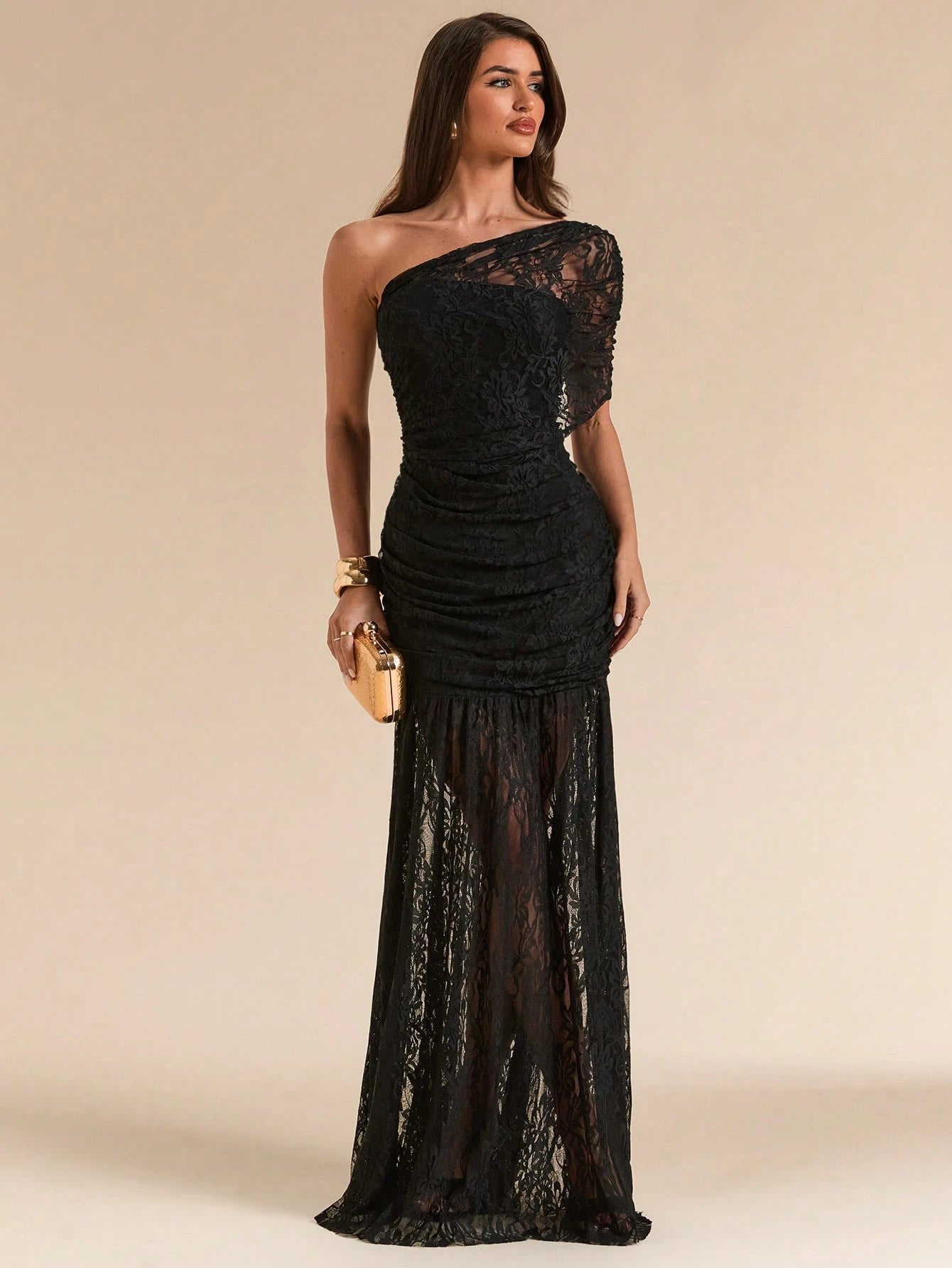 BAE Spring/Summer Solid Black Lace Asymmetric One-Shoulder Elegant Fitted Bodycon Maxi Mermaid Dress, Fitted Elegant Dress, Flowy Dress, Suitable For Vacation, Beach, Bridesmaid, Wedding, Spring