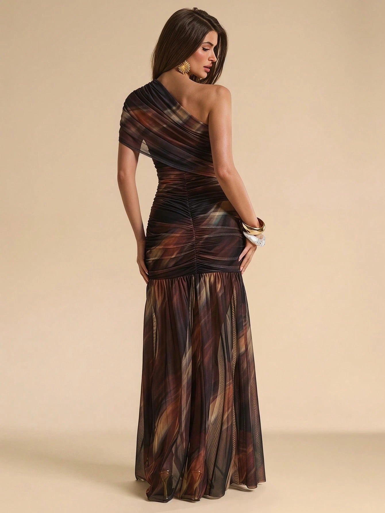 BAE Spring/Summer Solid Black Lace Asymmetric One-Shoulder Elegant Fitted Bodycon Maxi Mermaid Dress, Fitted Elegant Dress, Flowy Dress, Suitable For Vacation, Beach, Bridesmaid, Wedding, Spring