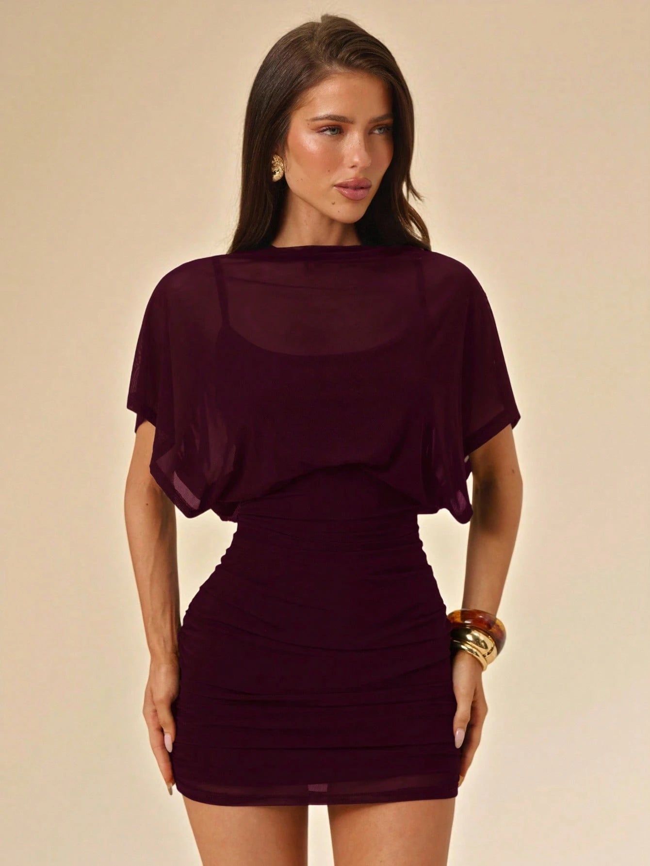 BAE Spring/Summer Solid Black Sexy Sheer Pleated T-Shirt Mini Dress, Slim Fit Bodycon Party Cocktail Evening Nightclub Outfit, Short Sleeve High Neck Draped Design, Women's Spring/Summer Apparel
