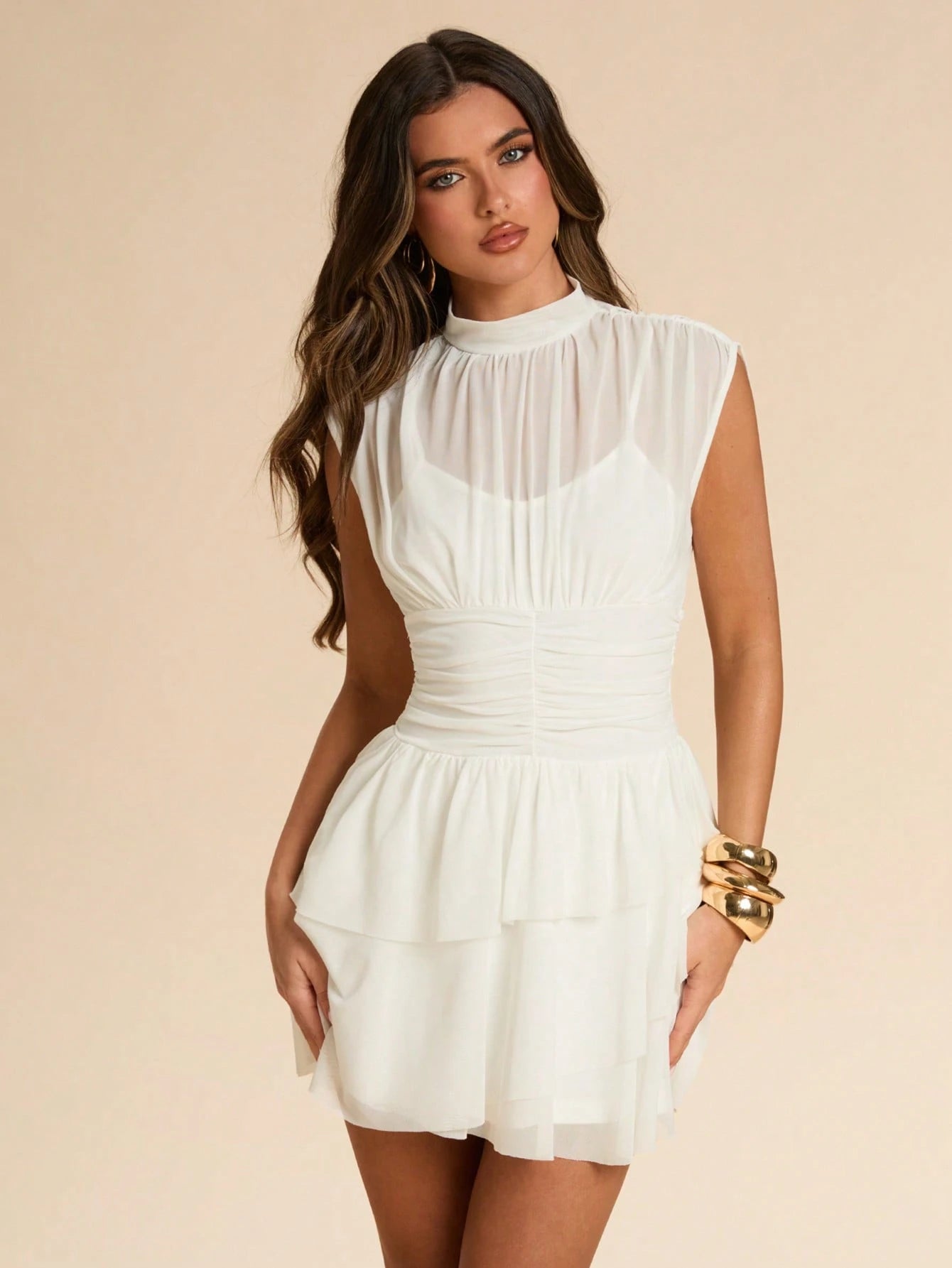 BAE Spring & Summer Solid White Stand Collar Sleeveless Pleated Waist Asymmetric Ruffle Hem Cake Dress, Sweet & Elegant For Date, Vacation