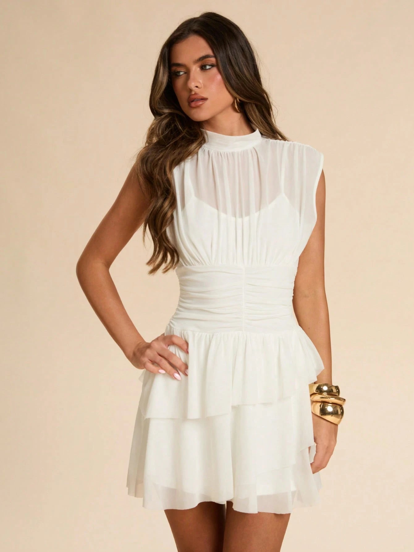 BAE Spring & Summer Solid White Stand Collar Sleeveless Pleated Waist Asymmetric Ruffle Hem Cake Dress, Sweet & Elegant For Date, Vacation