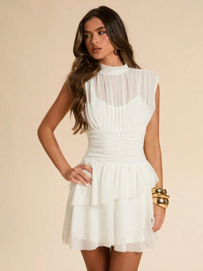 BAE Spring & Summer Solid White Stand Collar Sleeveless Pleated Waist Asymmetric Ruffle Hem Cake Dress, Sweet & Elegant For Date, Vacation