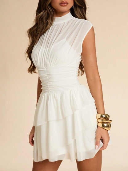 BAE Spring & Summer Solid White Stand Collar Sleeveless Pleated Waist Asymmetric Ruffle Hem Cake Dress, Sweet & Elegant For Date, Vacation