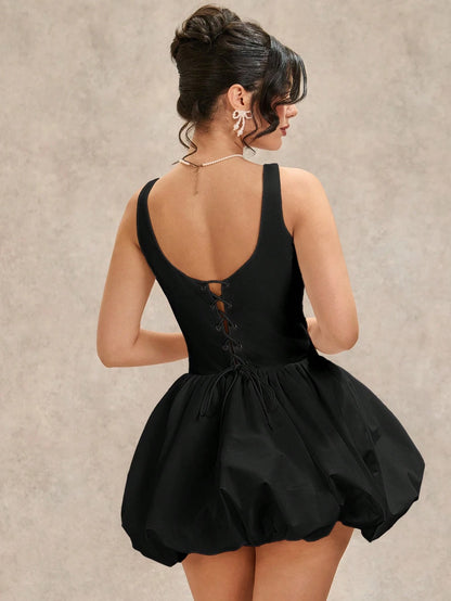 BAE Summer Elegant Black Party Dress For Women,Sleeveless Backless Cross Strap Mini Dress, Bubble Skirt Holiday Clothing For Wedding Bridesmaid