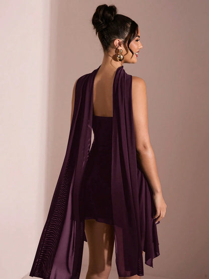 BAE Summer Elegant Dark Purple Deep V-Neck Ribbon Mini Dress,Perfect For Night Out,Beach Vacation,Parties,Cocktail,Daily & Commuter Holiday Wear