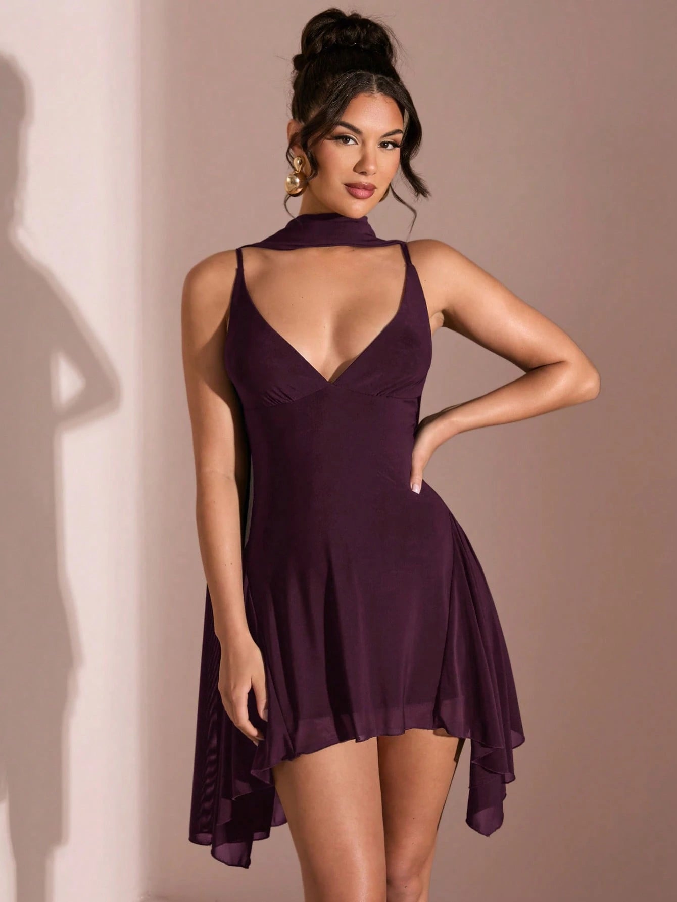 BAE Summer Elegant Dark Purple Deep V-Neck Ribbon Mini Dress,Perfect For Night Out,Beach Vacation,Parties,Cocktail,Daily & Commuter Holiday Wear