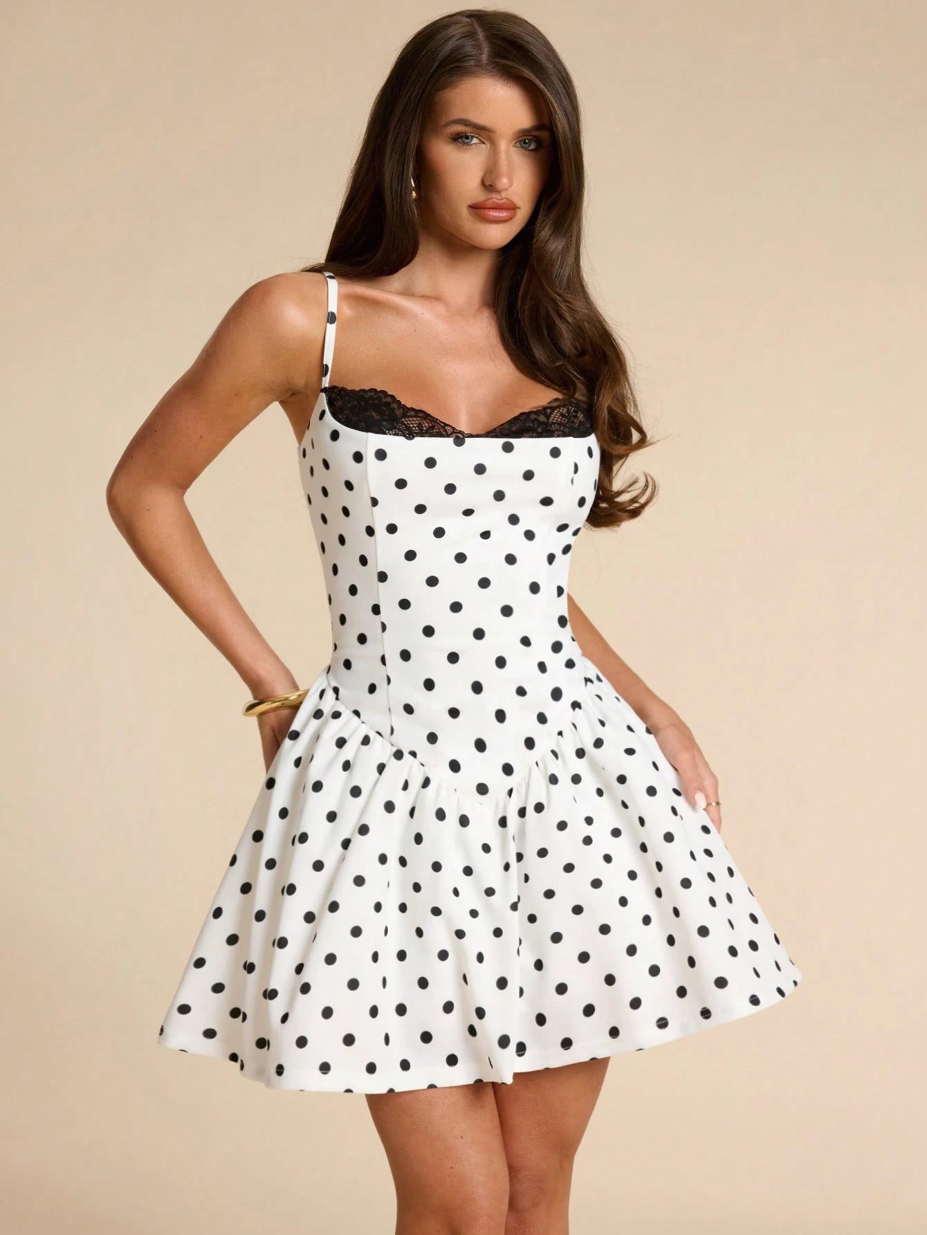 BAE Summer Polka Dot Collar Black Lace Patchwork A-Line Mini Puff Skirt, Bridesmaid Cocktail Party Formal Occasion Dress, Birthday Party Mini Dress