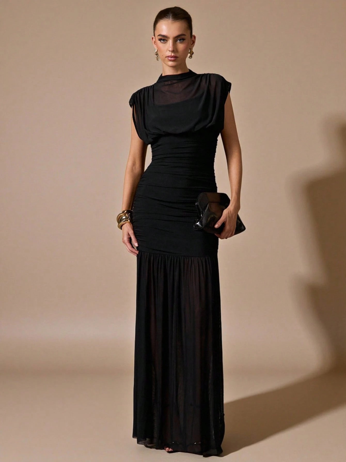 BAE Women's Black Elegant Classy Sheer Ruched Dress Summer Party Dinner Night Wrap Shawl Birthday Mini Dress Suitable For Formal Gatherings DatesTea Party