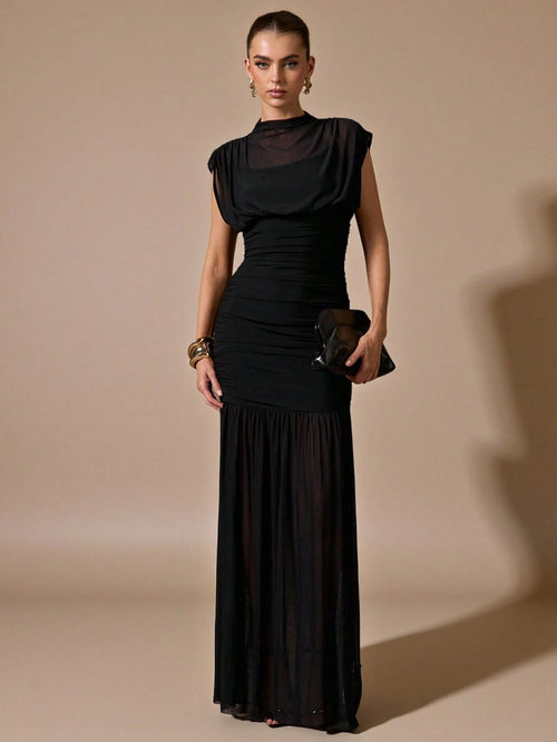 BAE Women's Black Elegant Classy Sheer Ruched Dress Summer Party Dinner Night Wrap Shawl Birthday Mini Dress Suitable For Formal Gatherings DatesTea Party