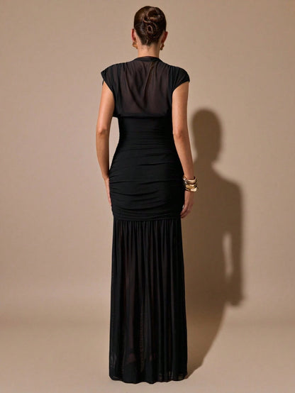 BAE Women's Black Elegant Classy Sheer Ruched Dress Summer Party Dinner Night Wrap Shawl Birthday Mini Dress Suitable For Formal Gatherings DatesTea Party