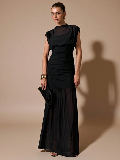 BAE Women's Black Elegant Classy Sheer Ruched Dress Summer Party Dinner Night Wrap Shawl Birthday Mini Dress Suitable For Formal Gatherings DatesTea Party