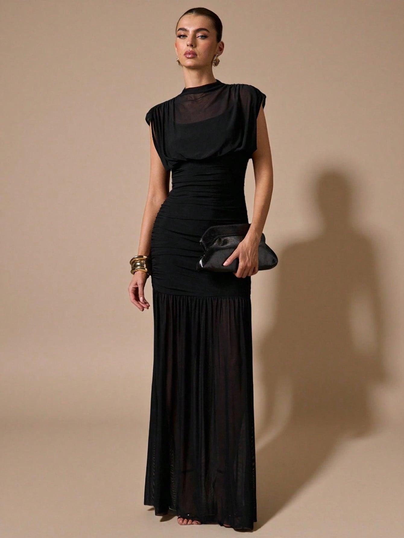 BAE Women's Black Elegant Classy Sheer Ruched Dress Summer Party Dinner Night Wrap Shawl Birthday Mini Dress Suitable For Formal Gatherings DatesTea Party